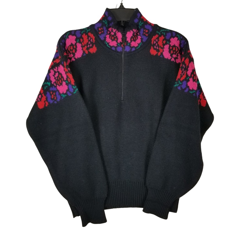 Meister Quarter Zip Sweater Womens M Black Floral Wool Blend‎ Vintage Pullover